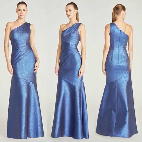 Theia One Shoulder Ruched Gown Sail Blue Silk Metallic Formal Wedding Size 2 - Picture 14 of 14